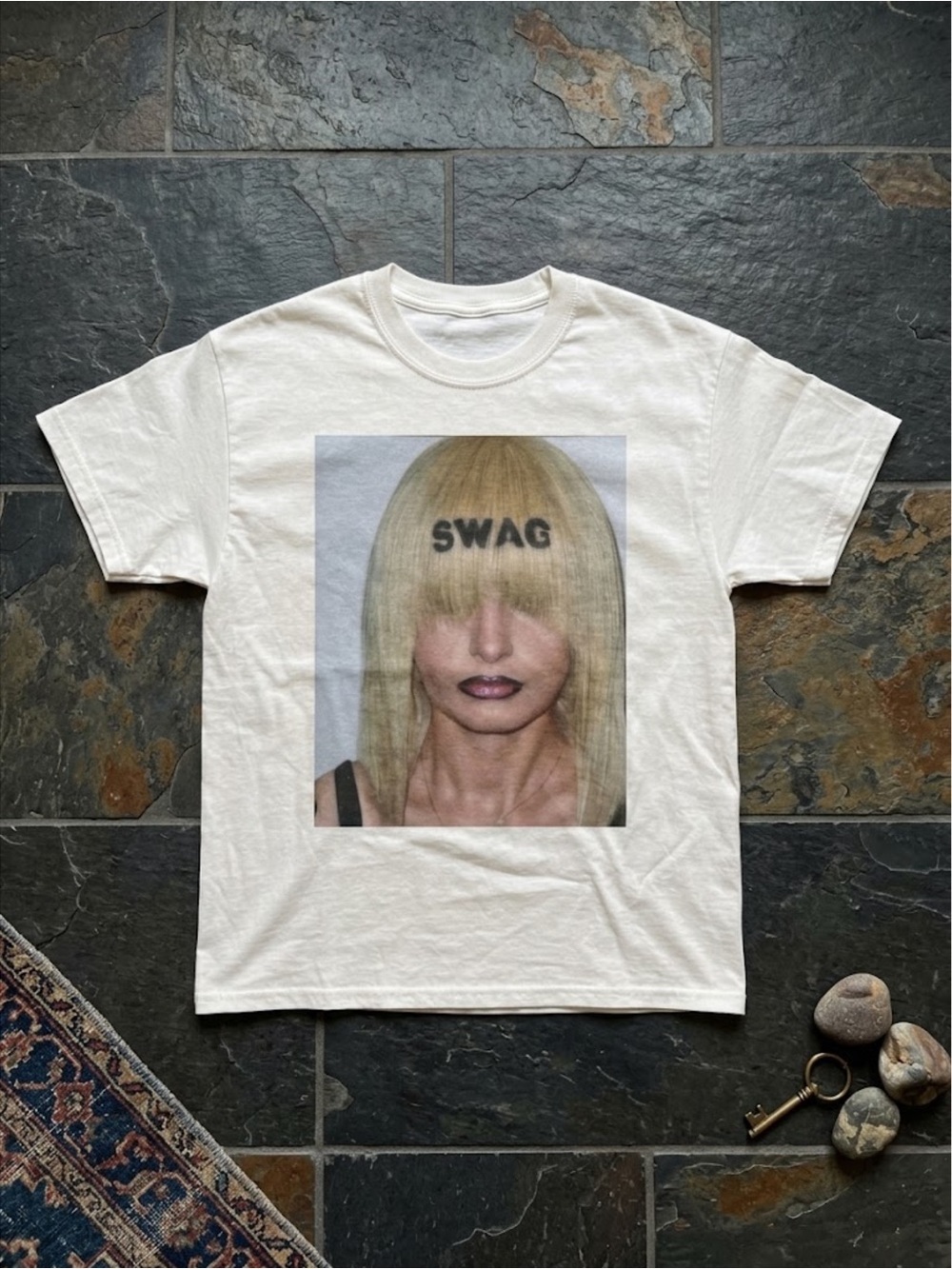 Gildan White Tee with Blonde 'SWAG' Portrait Graphic